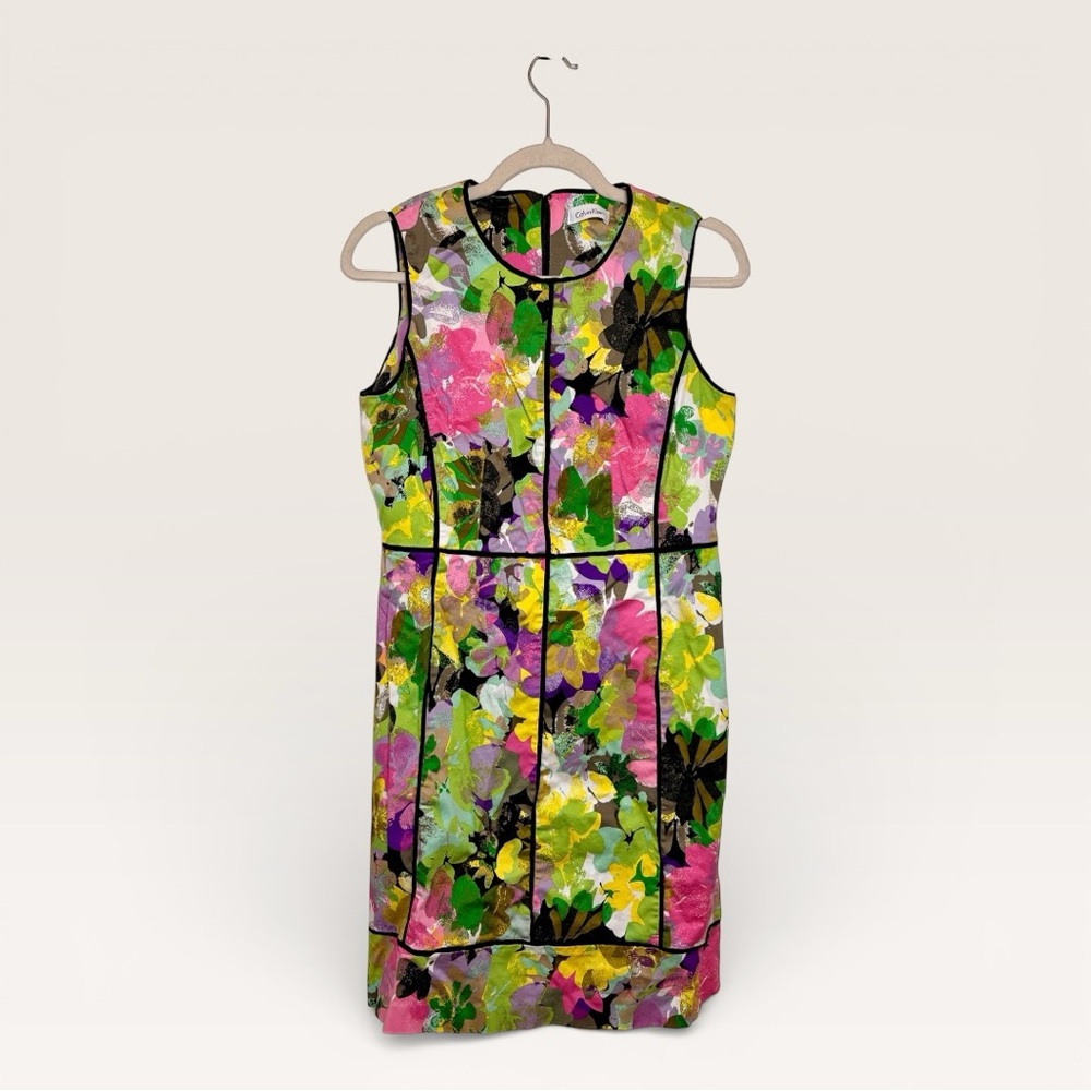 Calvin Klein Colorful Green Pink Floral Sheath Cocktail Dress Formal Size 14